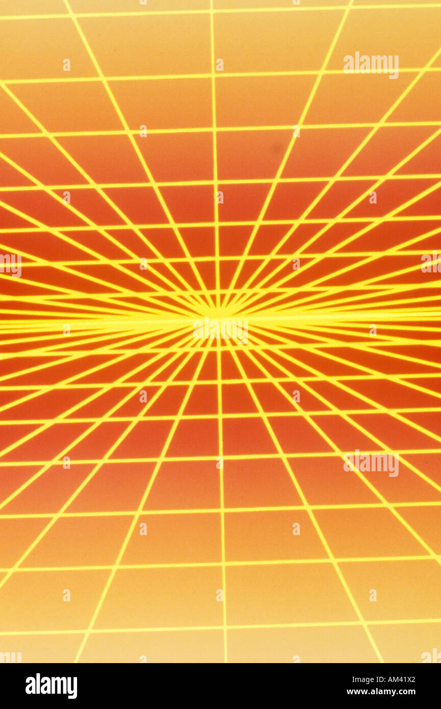 Space special effects of opposing grids of yellow laser light against an orange sky Stock Photo