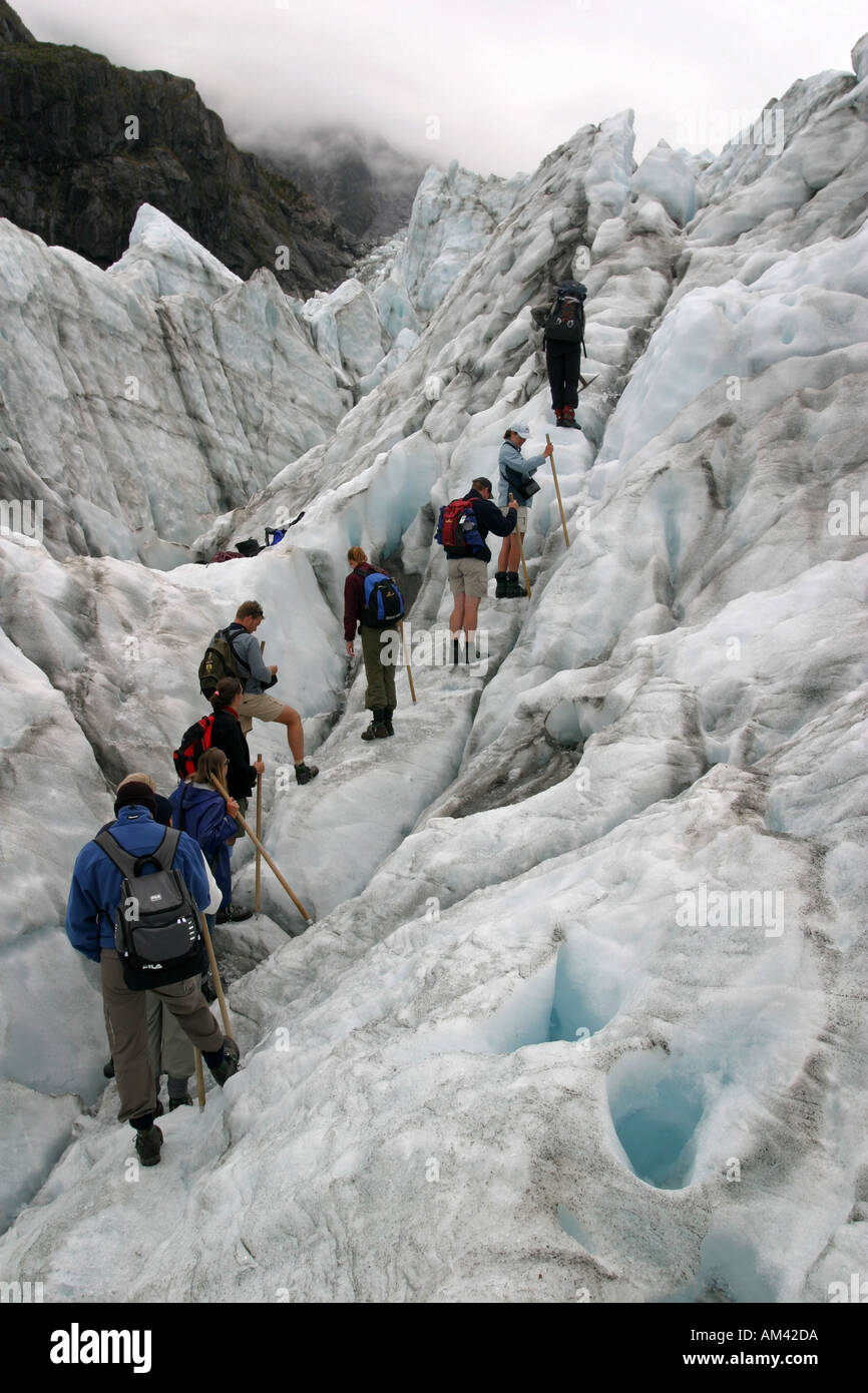 A tour group hikes on the Fox Glacier in the Mt Cook National Park South Island New Zealand Stock Photo