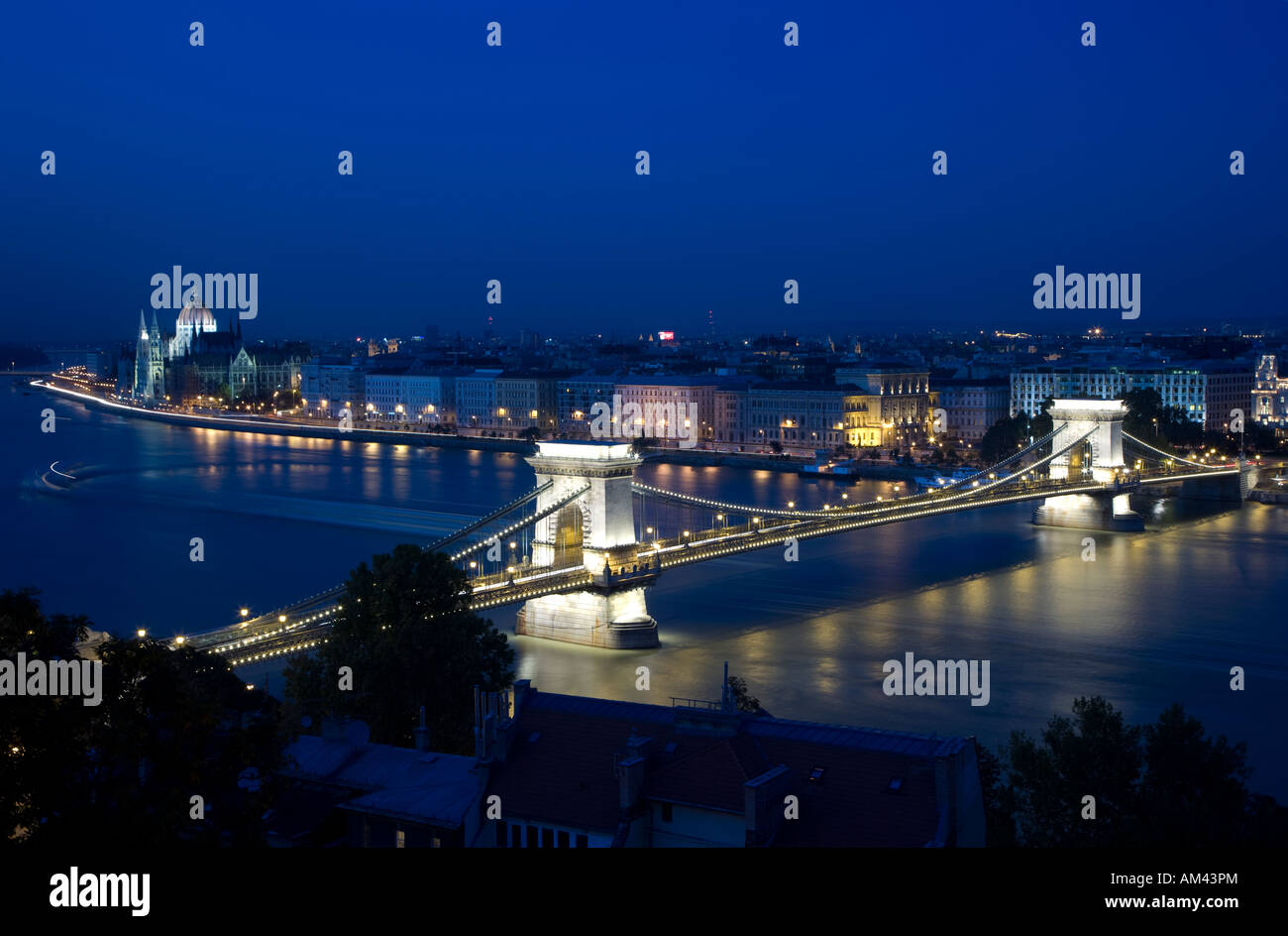 Evening view overlooking Budapest and the Danube. Stock Photo