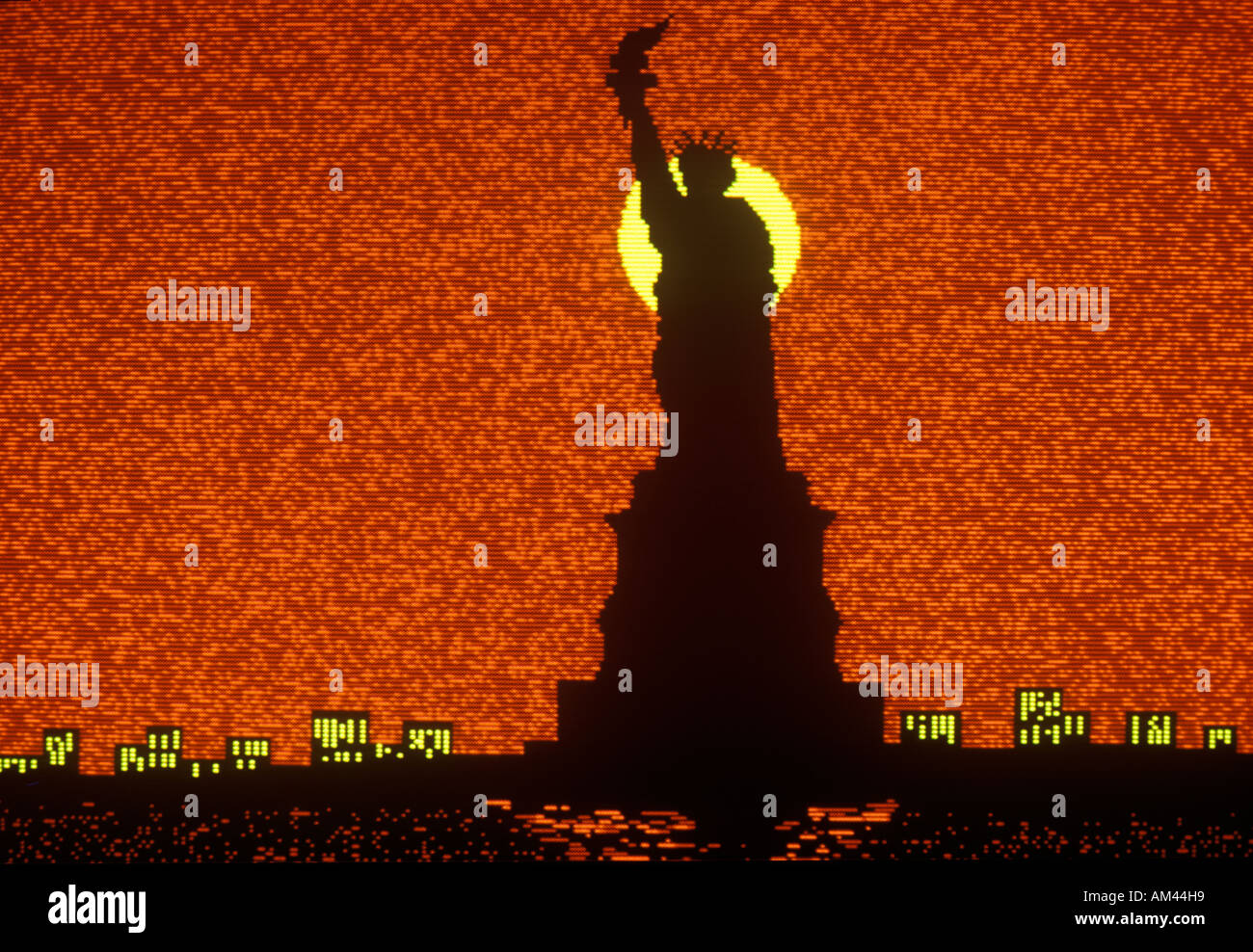 Early computer graphic of Statue of Liberty with red background Stock Photo