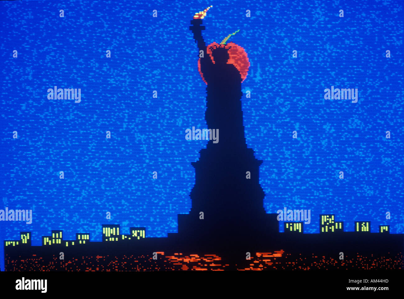 Early computer graphic of Statue of Liberty with blue background Stock Photo