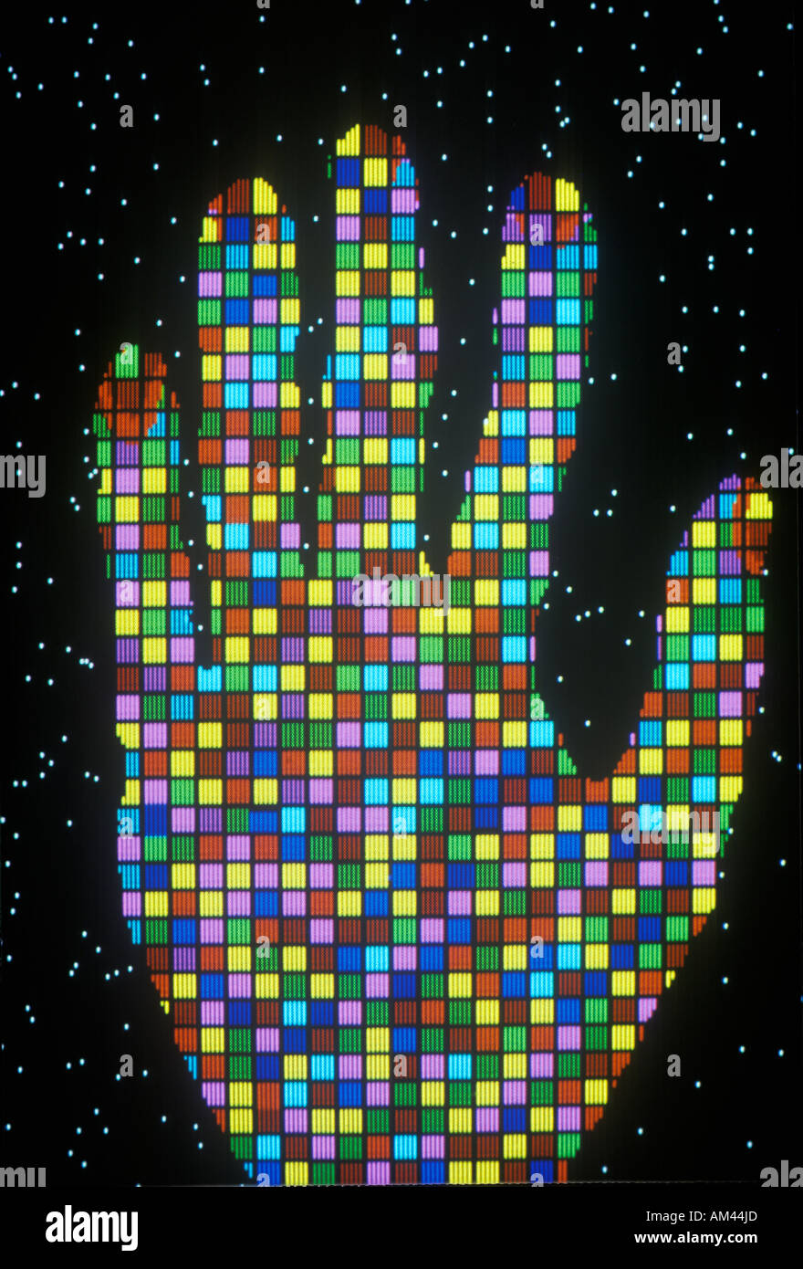 Early computer graphic of hand composed of colored lights Stock Photo