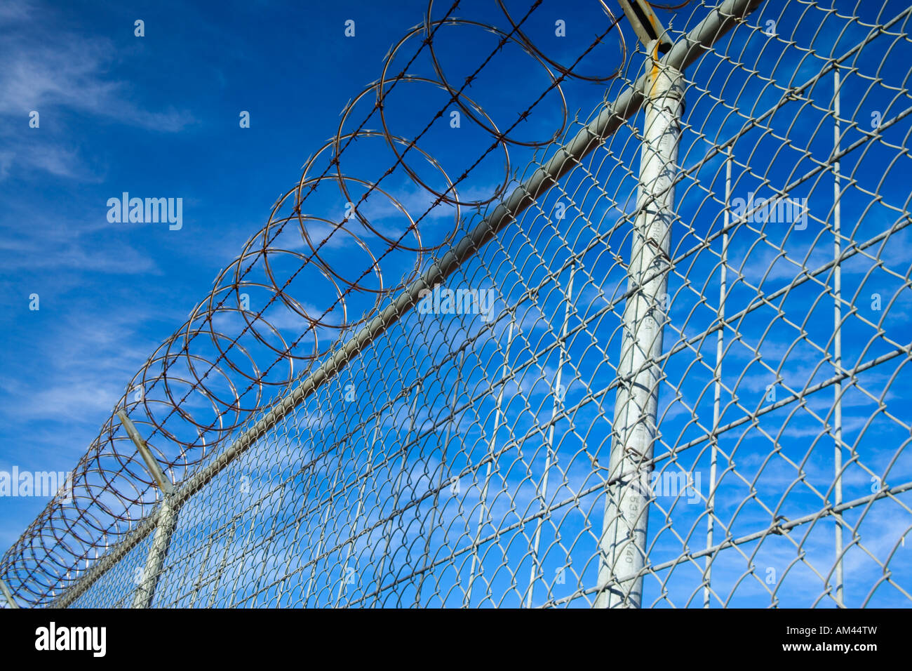 Chain link security fence with barbed razor wire. Stock Photo