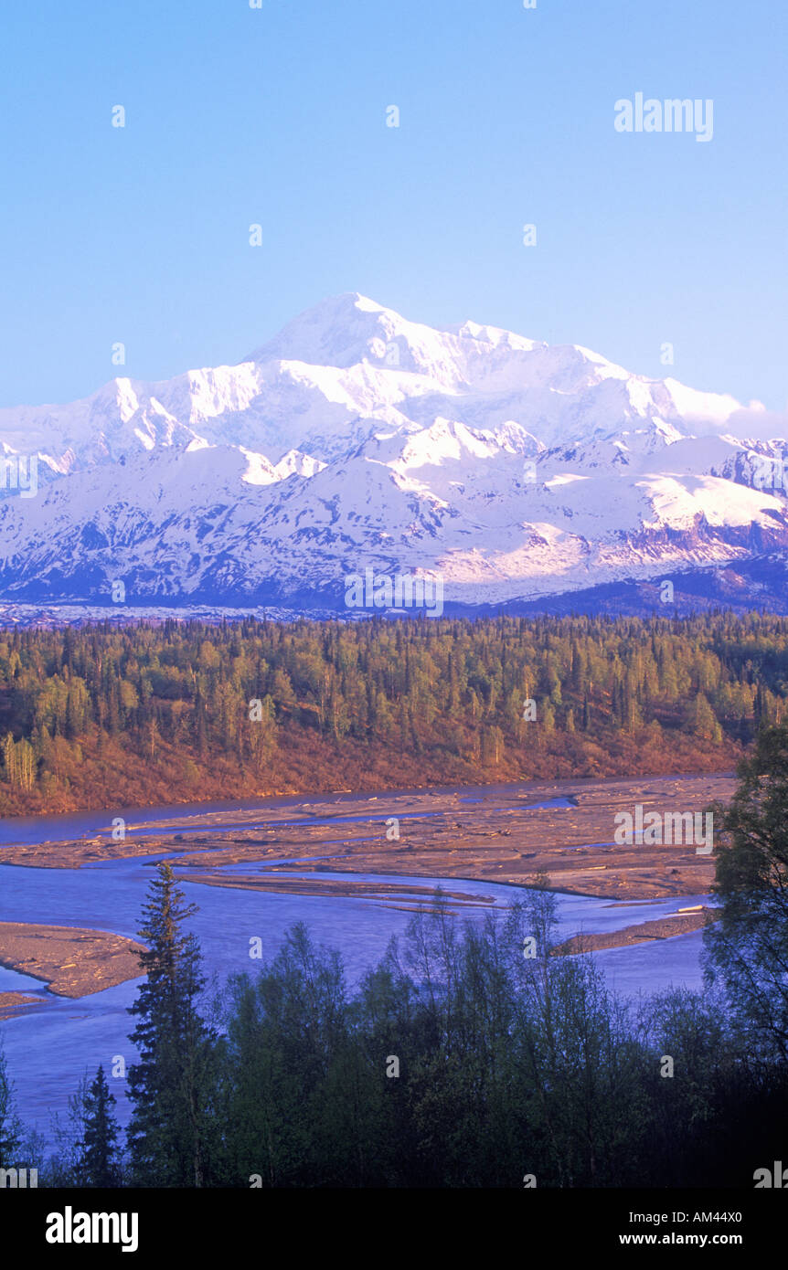 View of Mt McKinley and Mt Denali from George Park Highway Route 3 Alaska Stock Photo