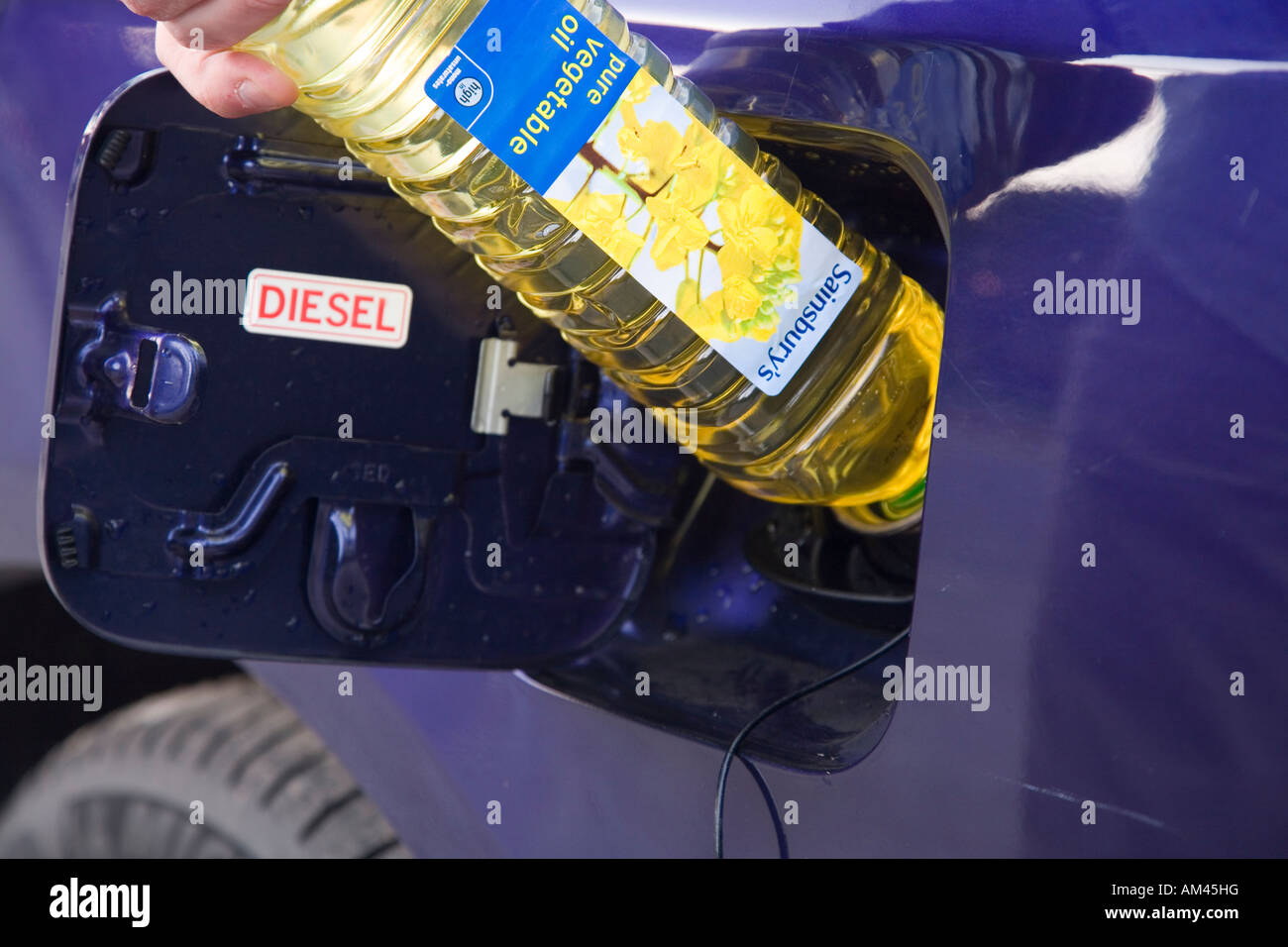 Man putting bottle of vegetable oil into fuel filler cap of diesel car