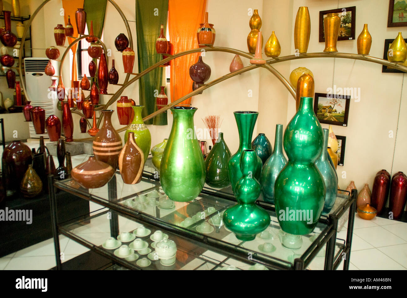 Bat Trang traditional Vietnamese pottery and porcelain in showroom of