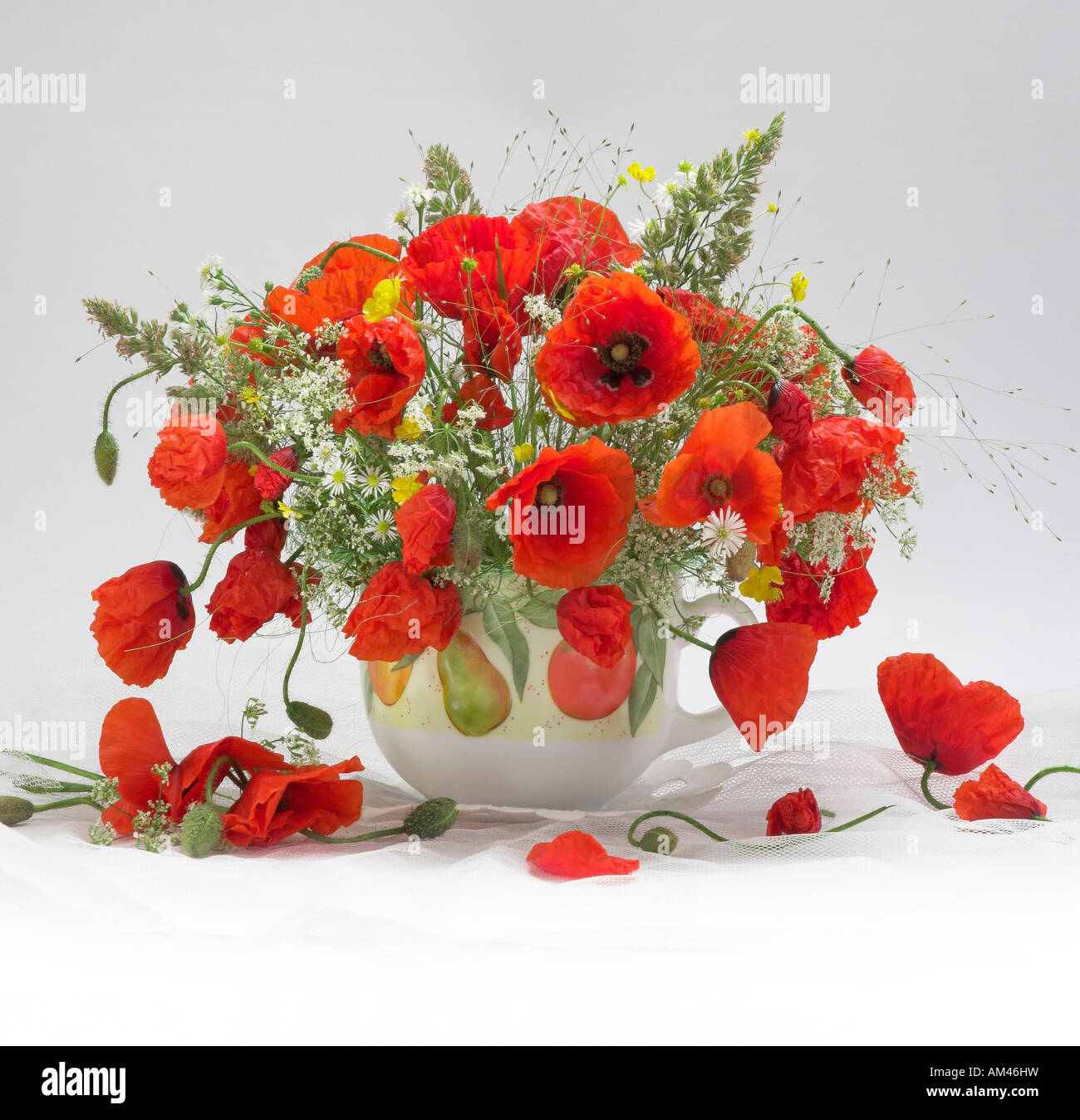 Studio arranged bunch bouquet of red poppies flowers in a vase on a ...