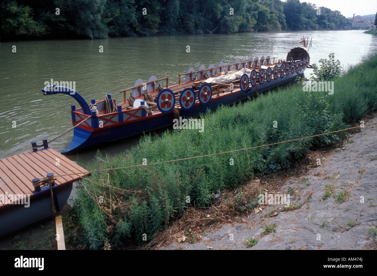 Central Europe, Hungary, Budapest, replica of 4th century Roman warship docked in the Danube River near Aquincum. Stock Photo