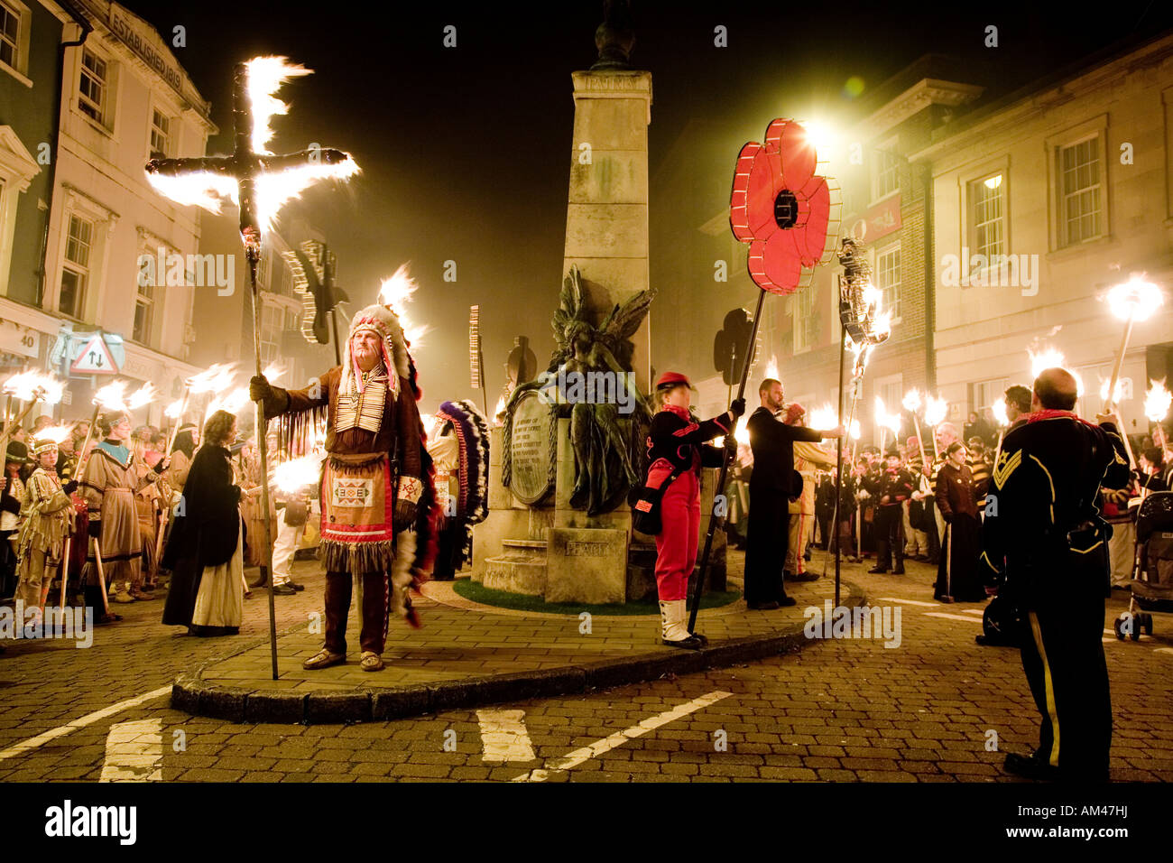 Red Indian Chief Burning Crosses Torchlight procession At The Lewes Fire Festival Sussex UK Europe Stock Photo