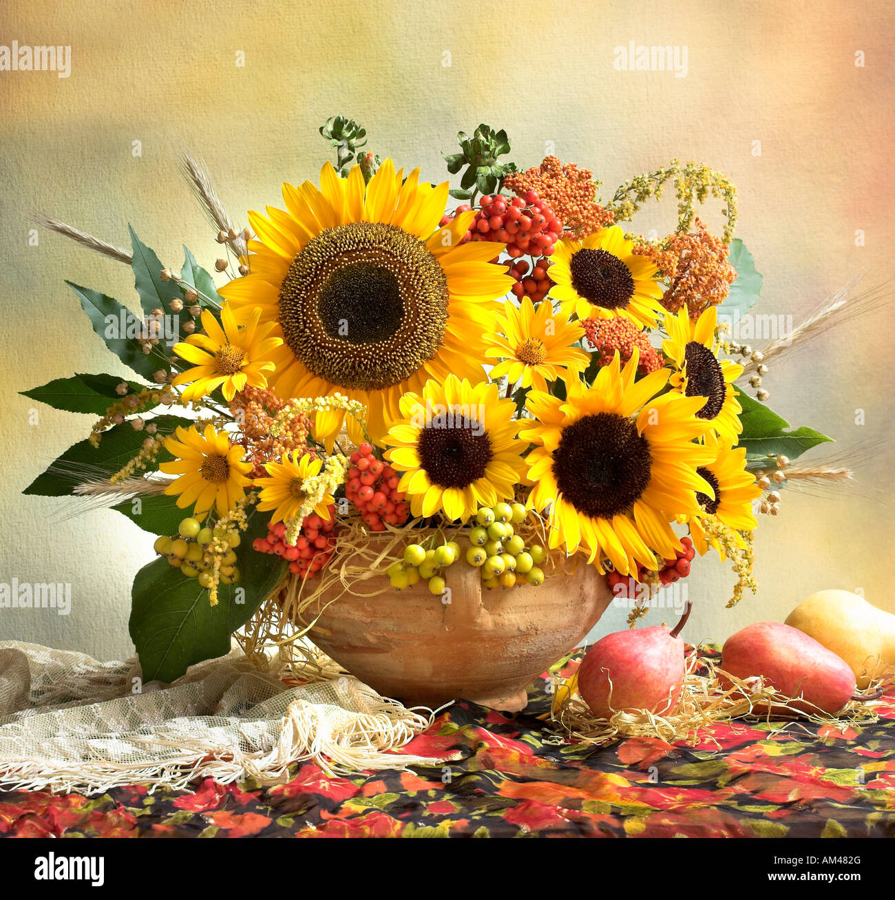 Close yellow bunch bouquet of sunflowers in the basket on a pastel ...