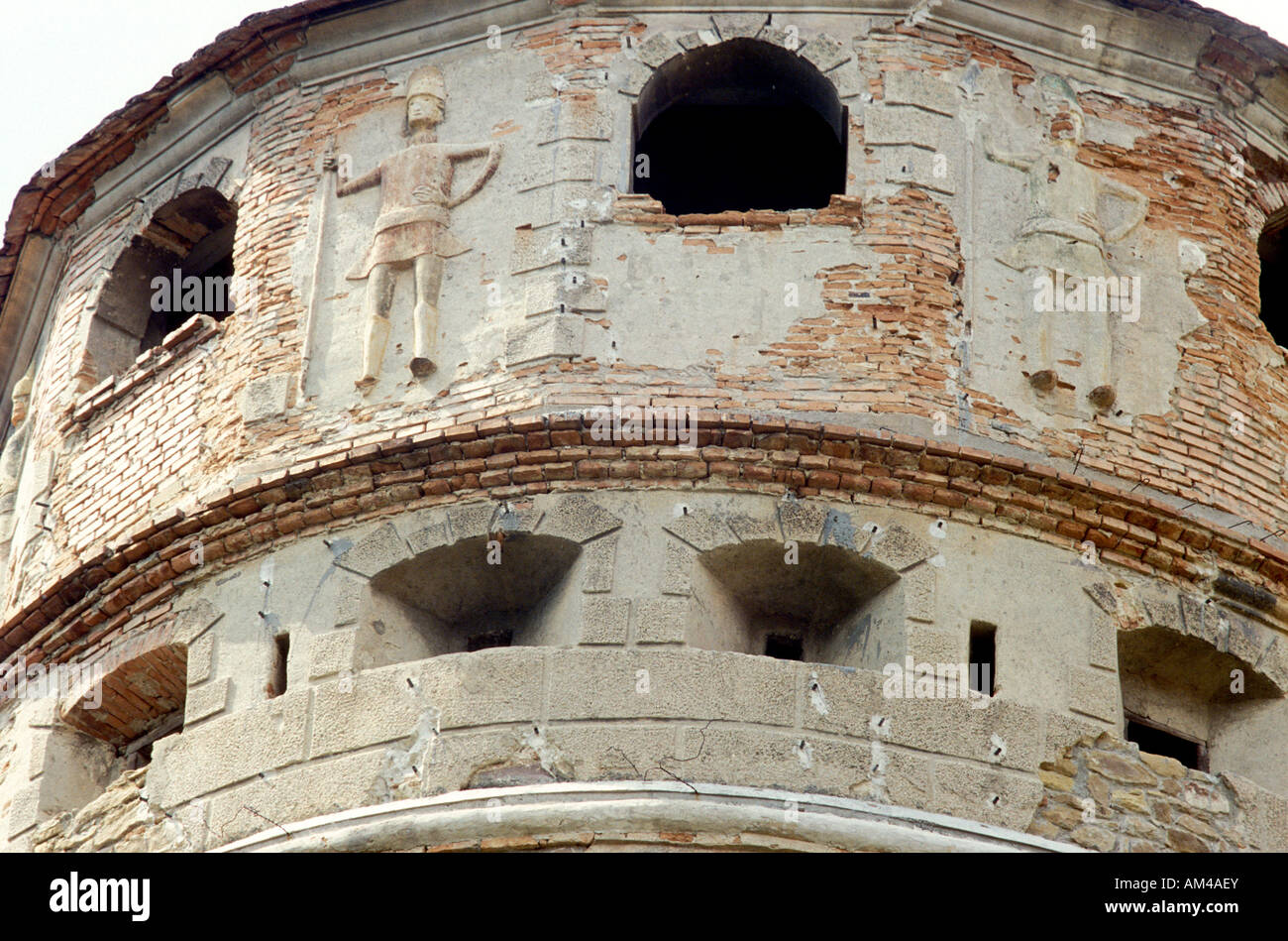 Romania, Transylvania, Cris, Castel Bethlen, detail of circular tower with reliefs. Stock Photo