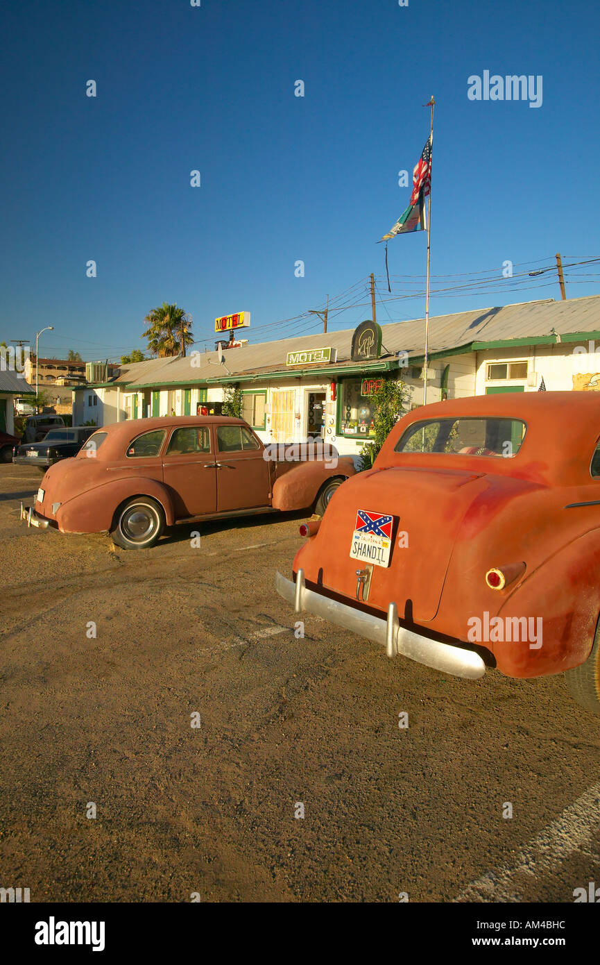 Historic vintage roadside motel on old Route 66 welcomes old cars and guests in Barstow California Stock Photo