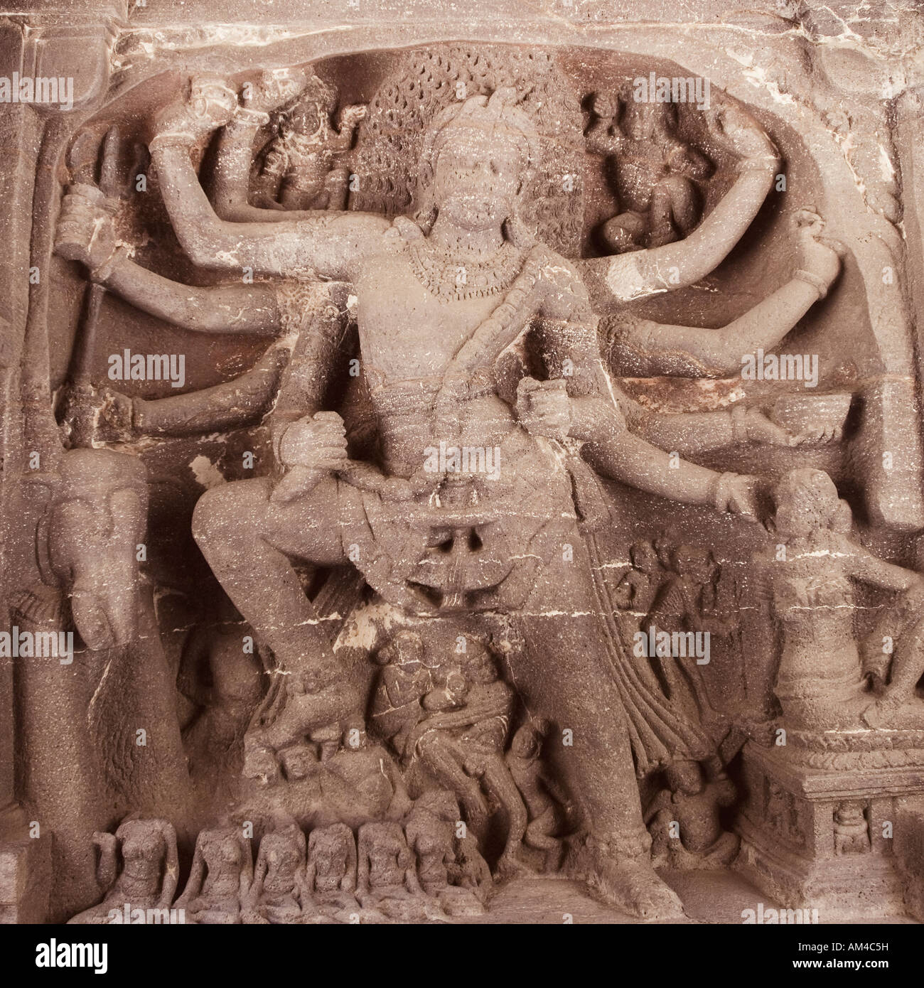 Statue of goddess Durga carved in a cave, Ellora, Aurangabad, Maharashtra, India Stock Photo
