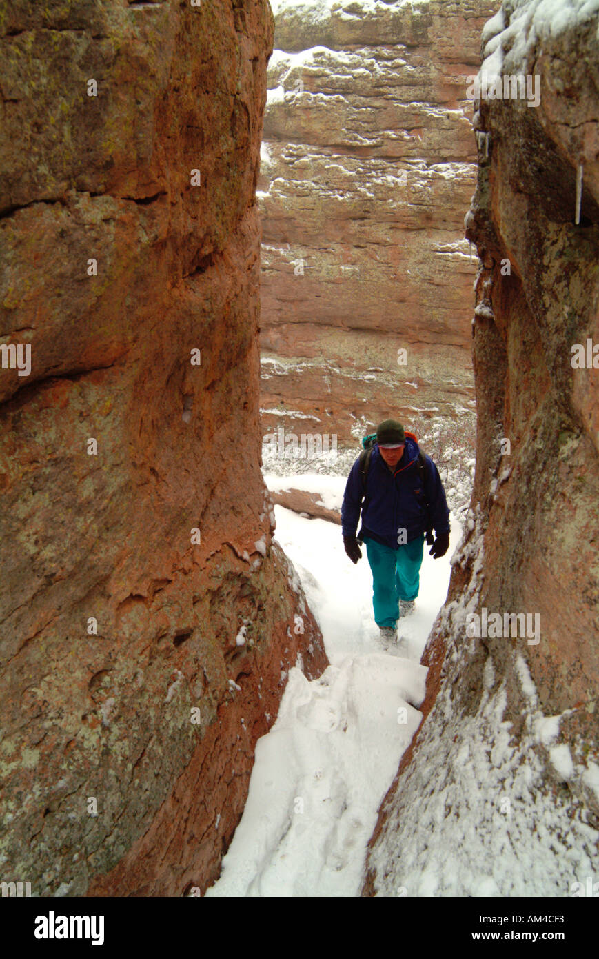 hiking in Chirichahua Wilderness Park in winter. Stock Photo