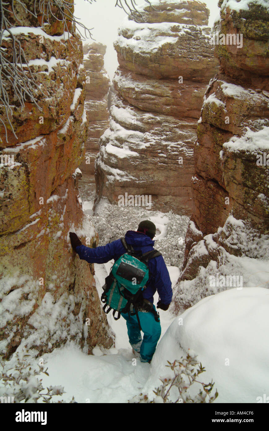 hiking in Chirichahua Wilderness Park in winter. Chirichahua park  is known for its pillars and balancing rocks. Stock Photo