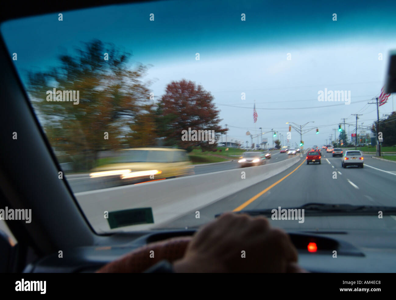 driving on a busy highway as seen from inside a US car Stock Photo
