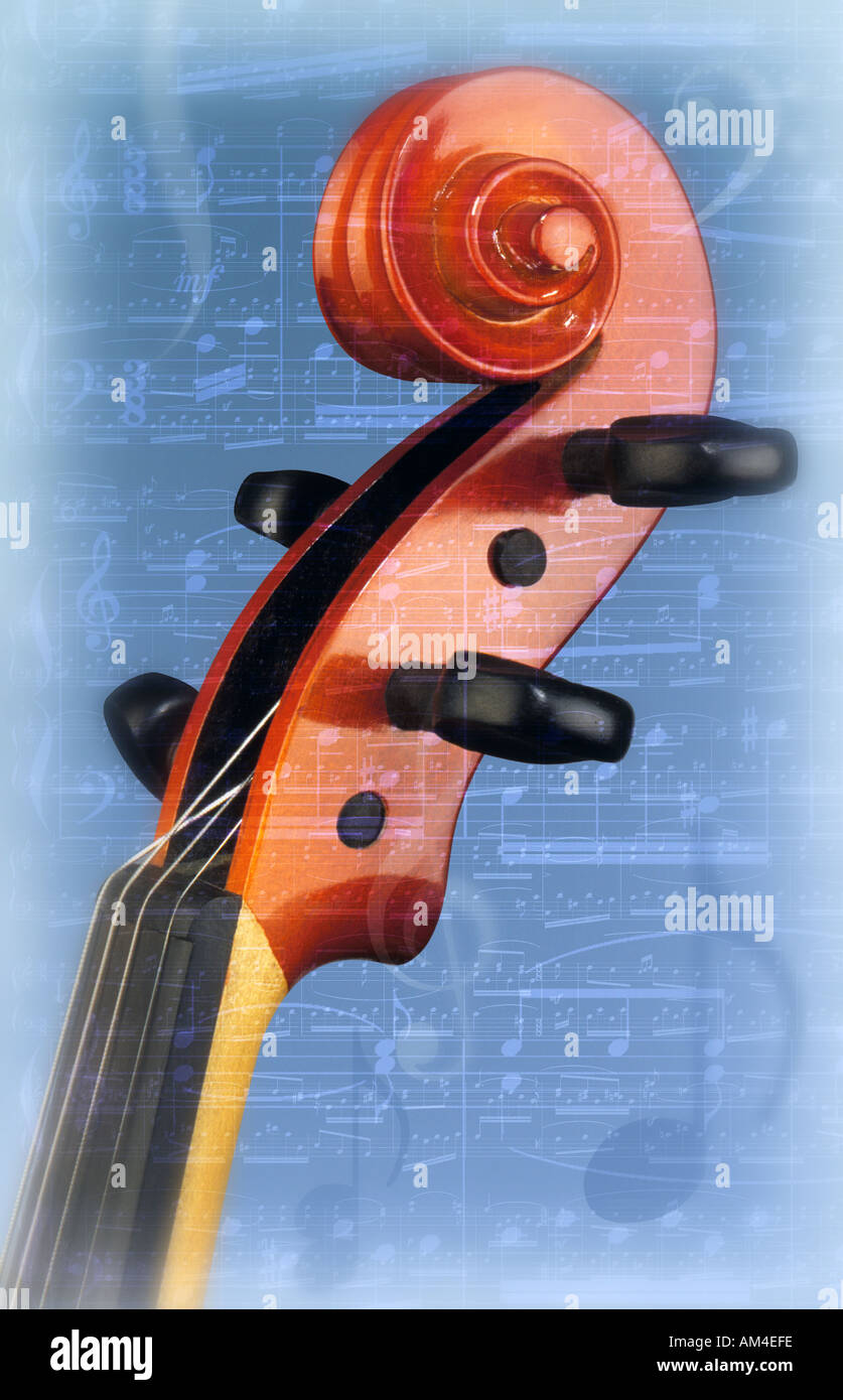 Violin Fiddlehead or peg box with musical notes pattern overlay Stock Photo  - Alamy