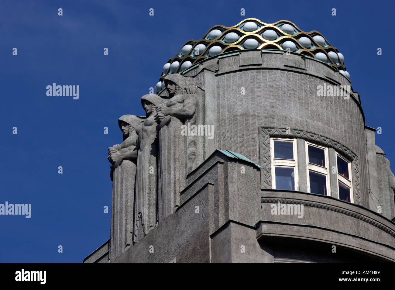Koruna House, Statues and Dome Detail, Prague. Stock Photo