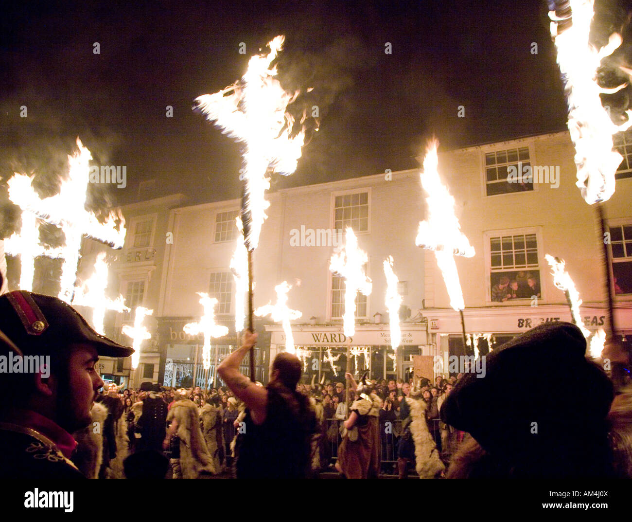 Burning Crosses At The Procession The Lewes Fire Festival Sussex UK Europe Stock Photo