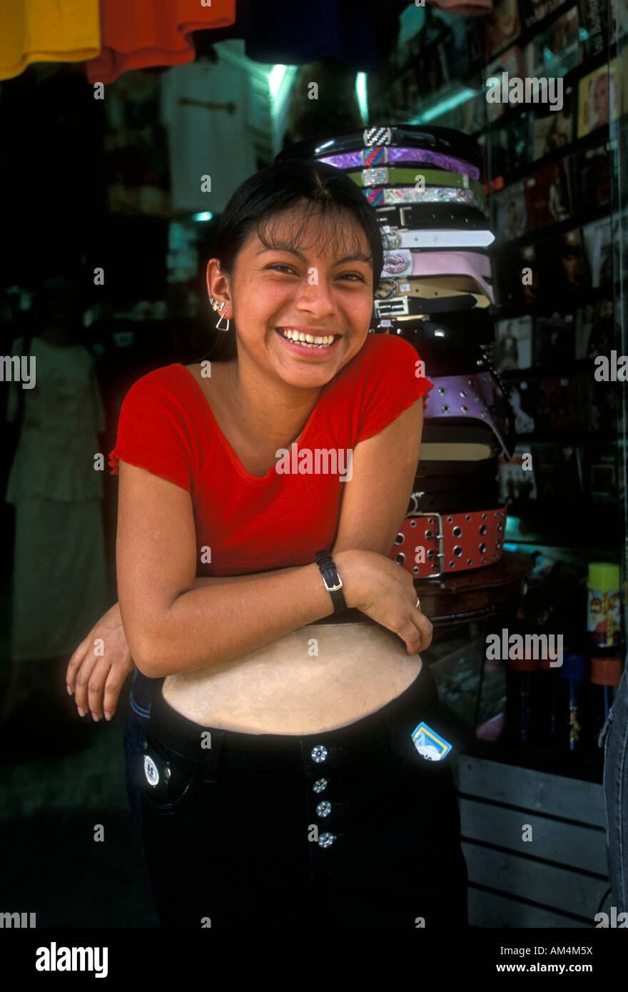 Mexican, teenage girl, teenager, salesclerk, clothing store, clothing boutique, Oaxaca, Oaxaca de Juarez, Oaxaca State, Mexico Stock Photo