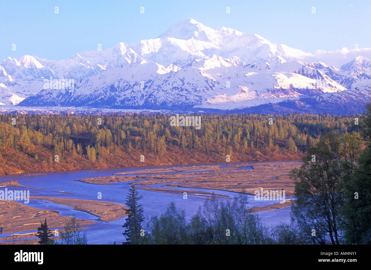 View of Mt McKinley and Mt Denali from George Park Highway Route 3 Alaska Stock Photo