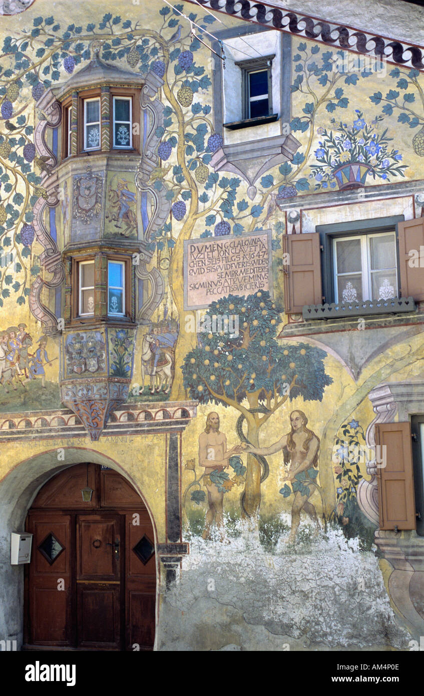 Medieval wall painting in Ardez village, Graubunden, Engadin. Stock Photo