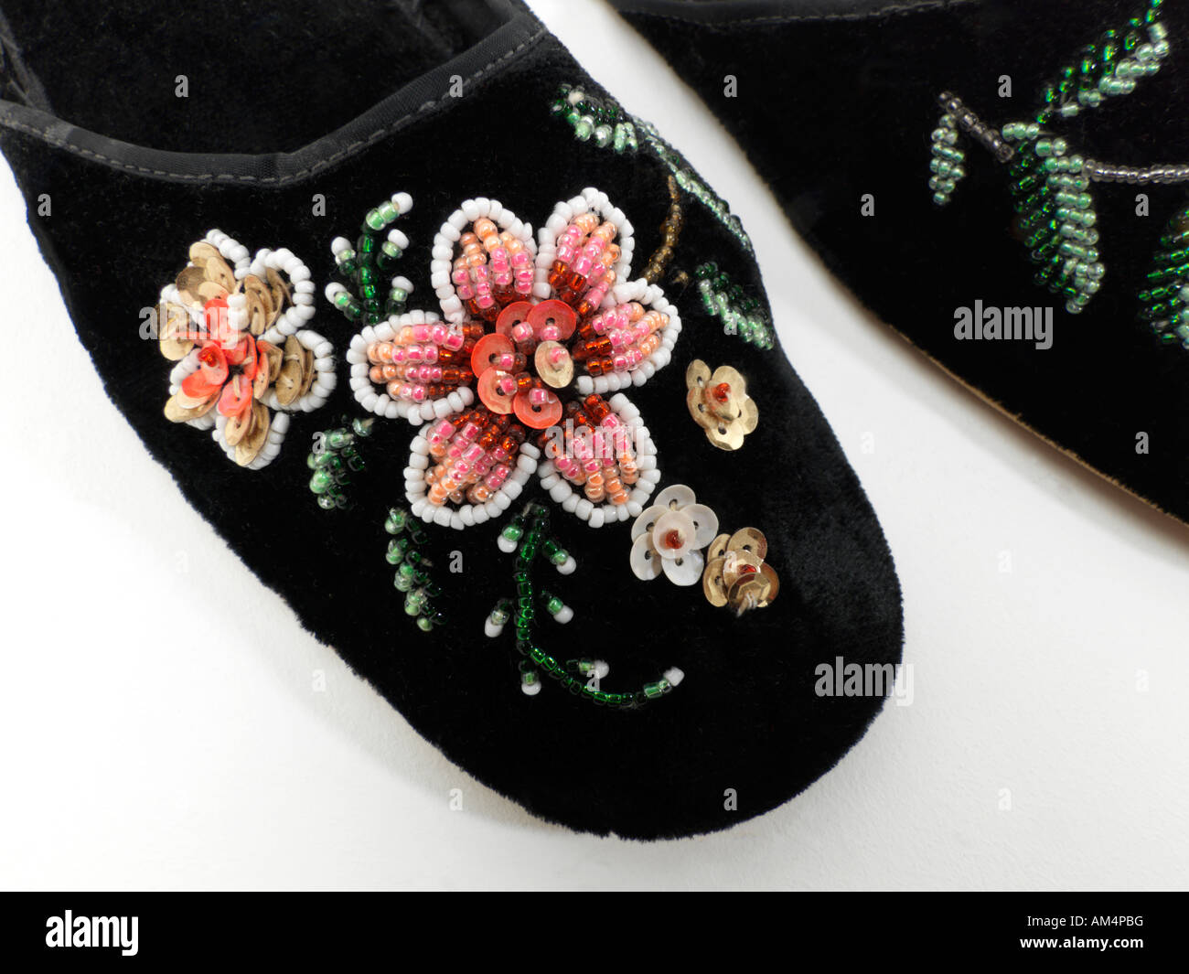 Turkish Black Velvet Embroidered Slippers Stock Photo