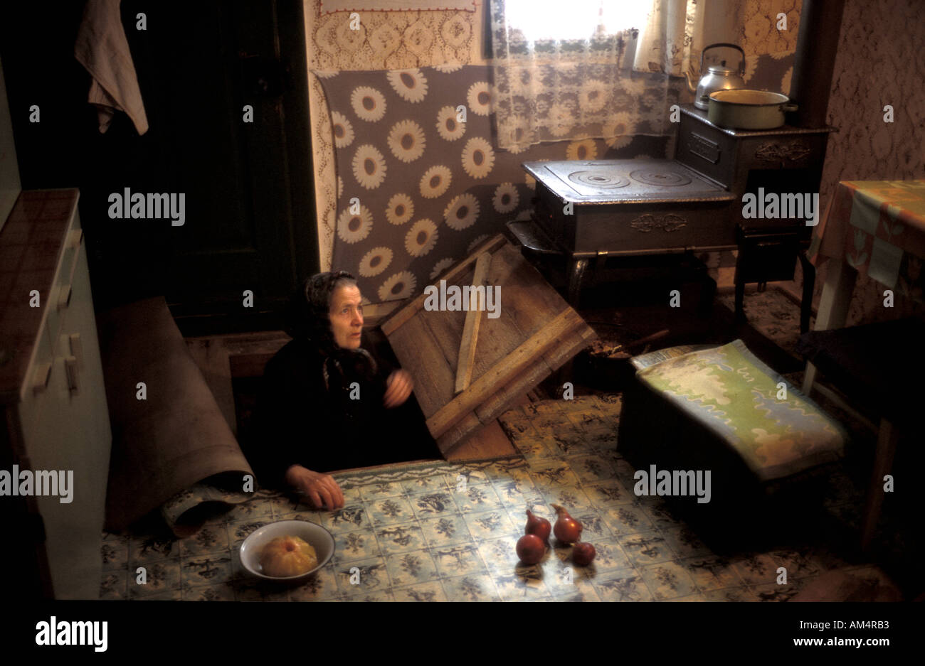 Retrieving food from a cellar in her two roomed house in Antalokpataka village Transylvania Romania January Stock Photo