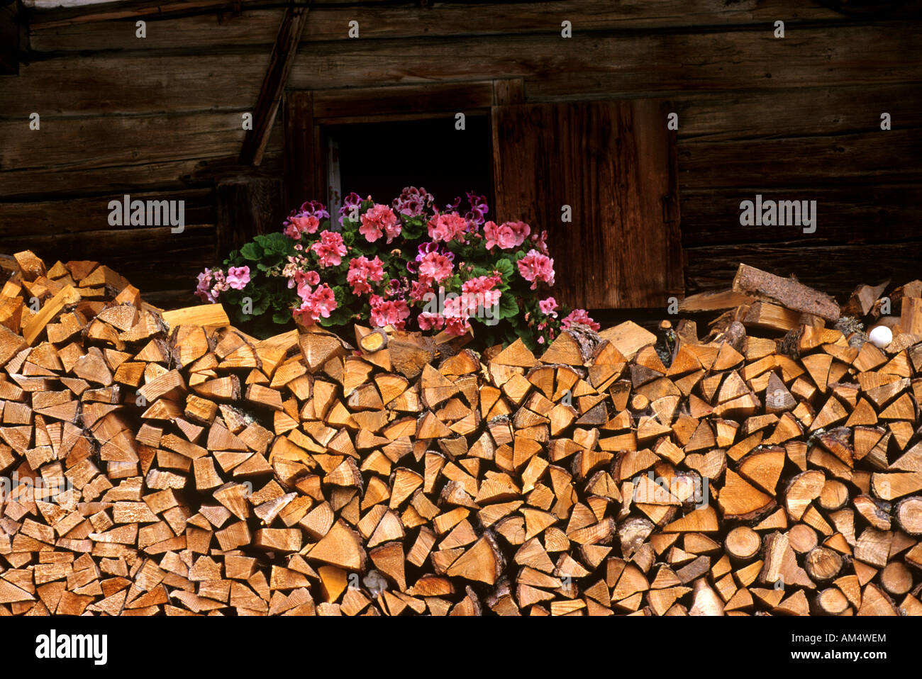 Austria. East Tyrol. Stacked wood and geraniums outside farmhouse in ...