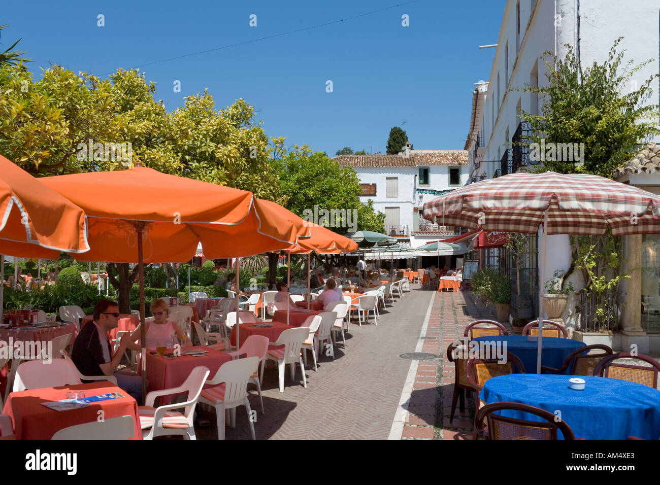 Restaurant in the Plaza de los Naranjos, Old Town (Casco Antiguo), Marbella, Costa del Sol, Andalucia, Spain Stock Photo