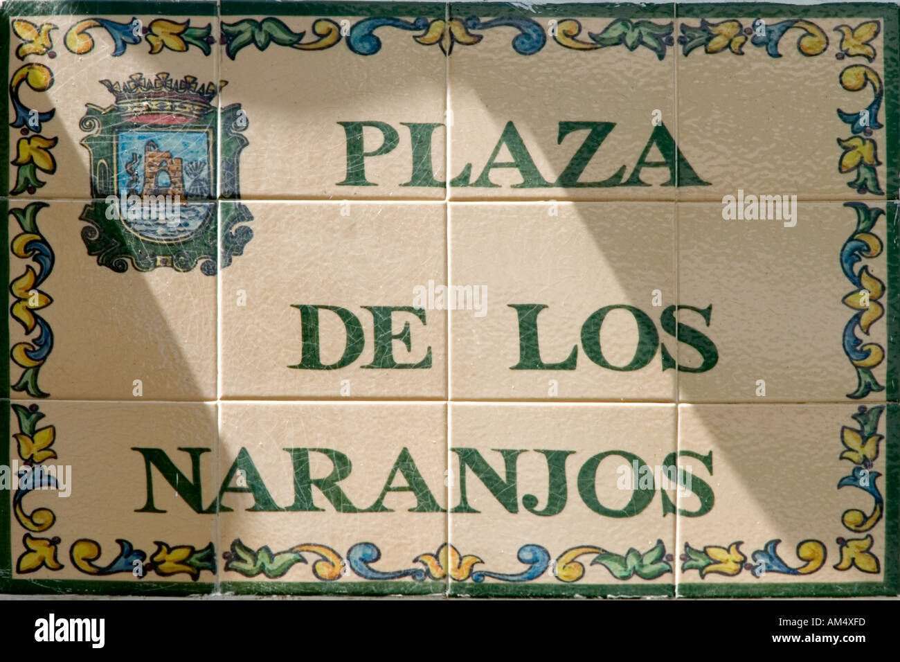 Street sign for the Plaza de los Naranjos in the Old Town (Casco Antiguo), Marbella, Costa del Sol, Andalucia, Spain Stock Photo