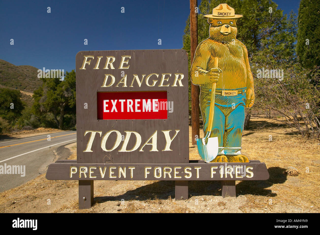 Extreme Fire Hazard proclaims Smoky the Bear near Lake Hughes California Stock Photo