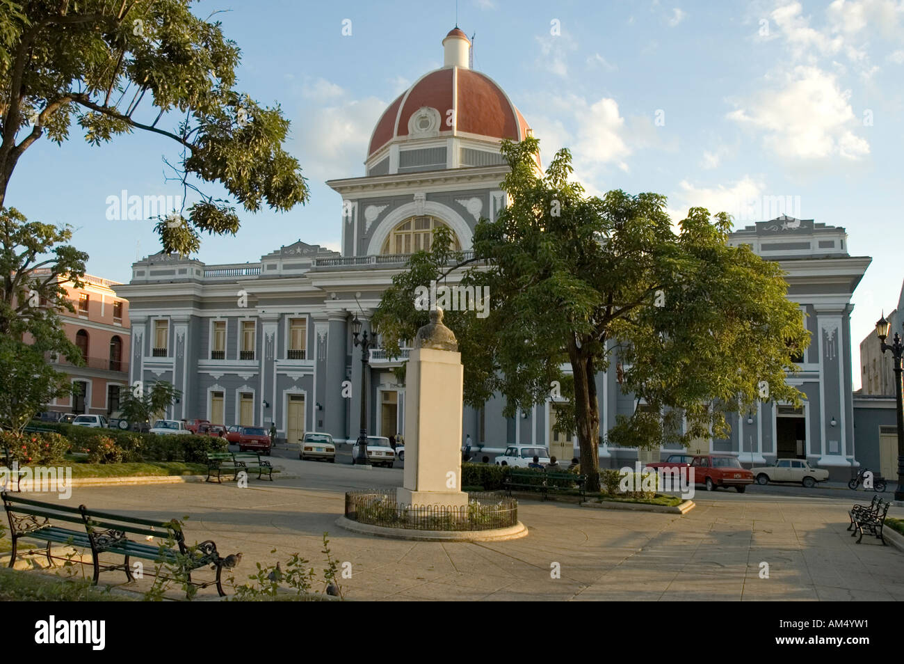 Evening shadow falls on the Provincial Government Headquarters at the Palacio de Gobierno, Parque Jose Marti, Cienfuegos,Cuba Stock Photo