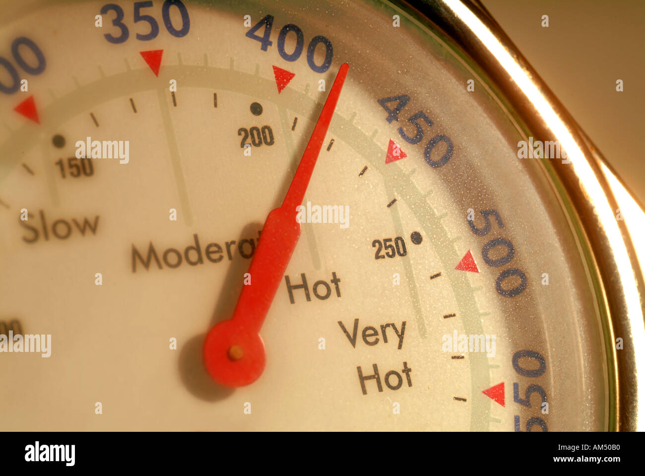 close up of an oven thermometer showing a temperature of over 400 Stock