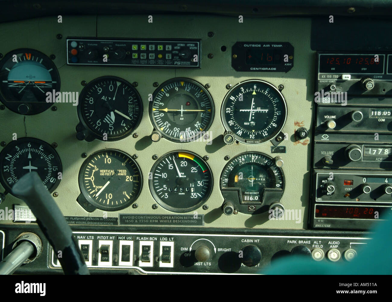 The dials and instruments on the dashboard of a small single engined
