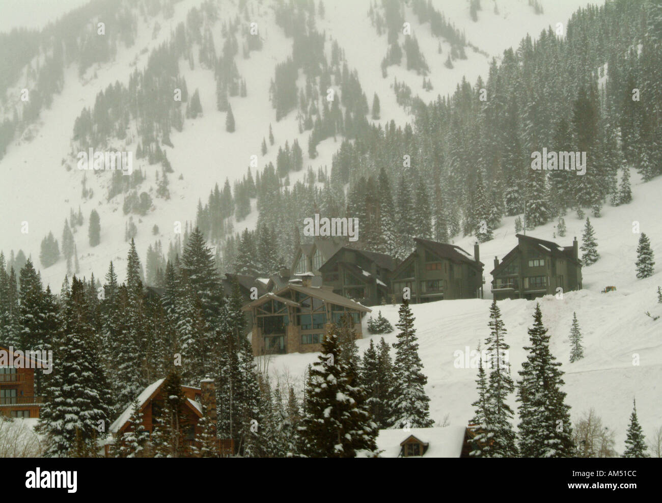 ski lodges on the slopes in winter Stock Photo