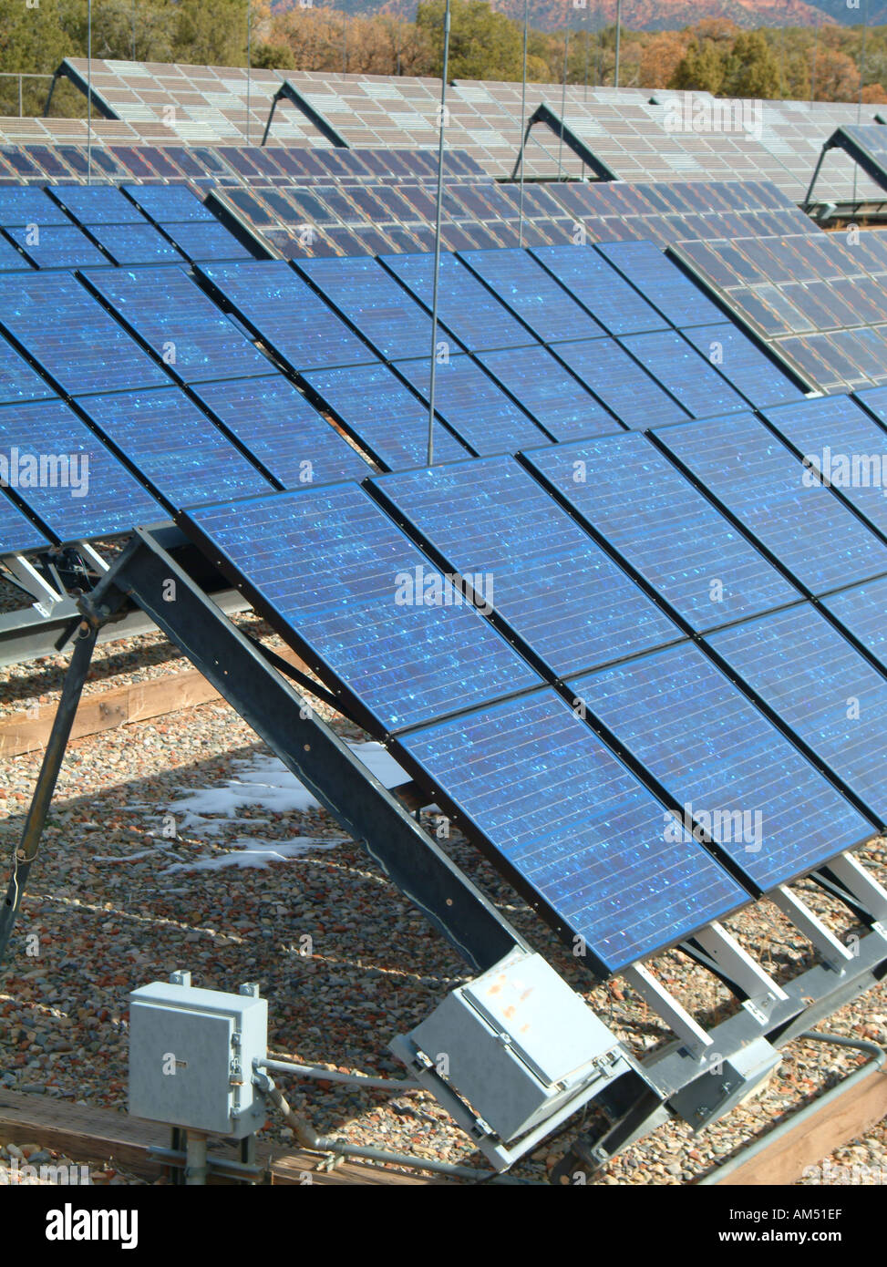 A large array of Photo Voltaic Solar Panels Stock Photo