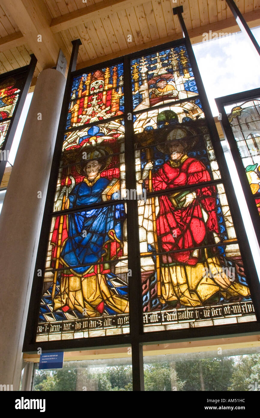 Stained glass panels hanging at the Burrell Collection Museum Glasgow