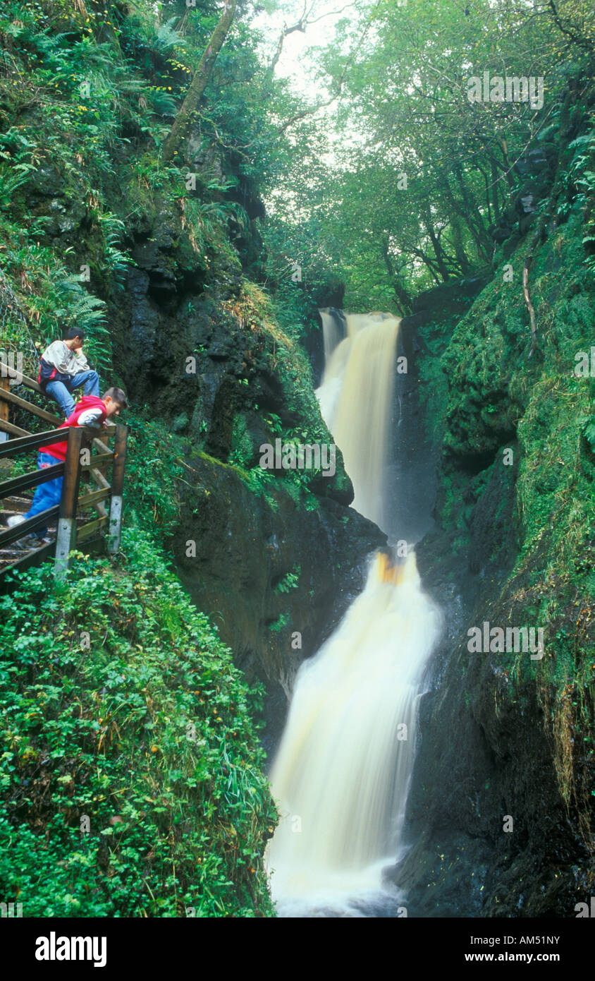 two boys looking at Ess-na-Larach Waterfall in the Glens of Antrim in Northern Ireland Stock Photo