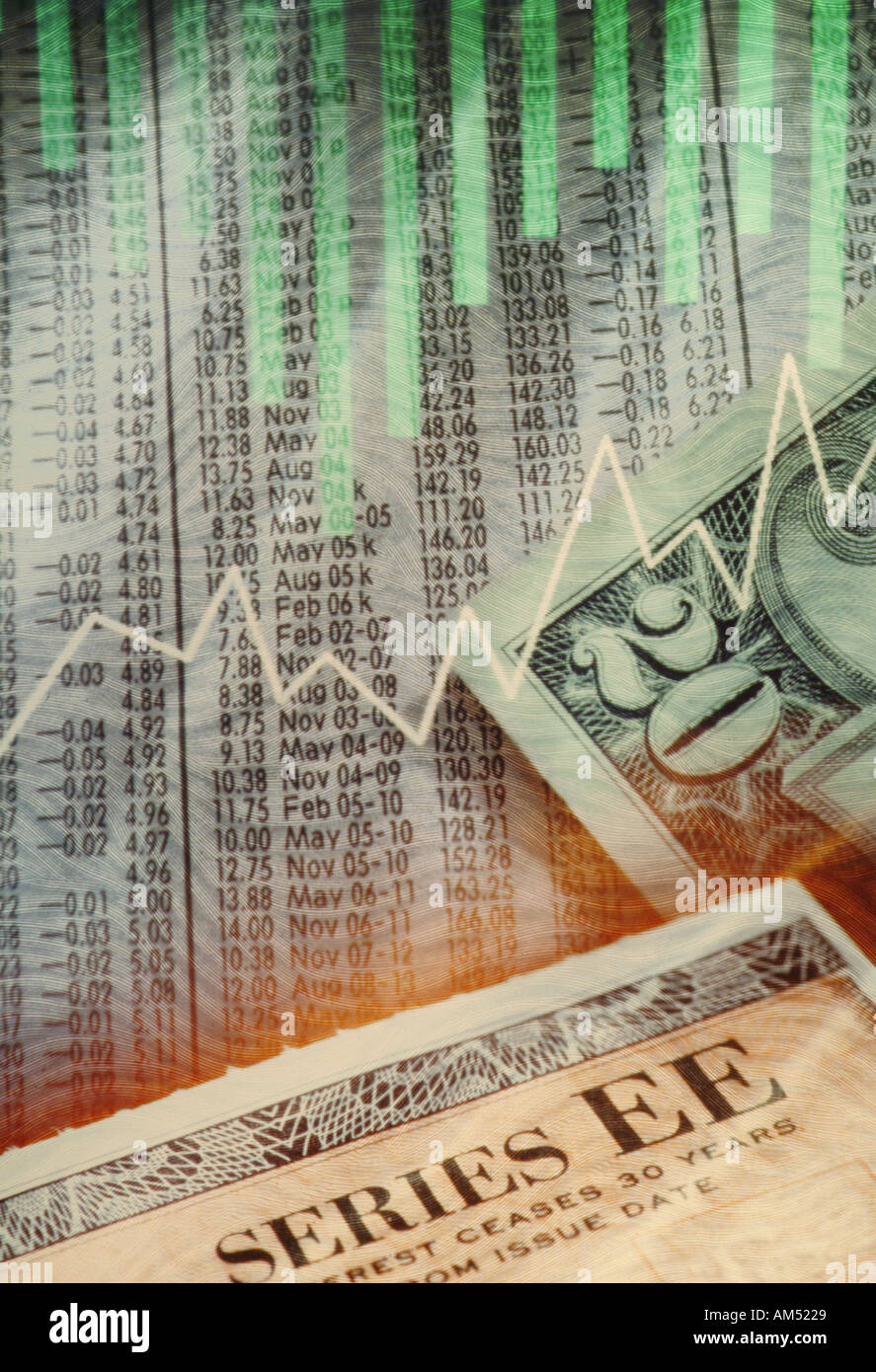 stocks bonds cash investing collage Stock Photo
