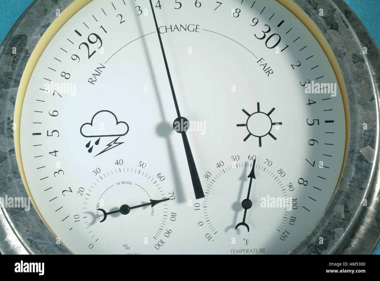 close up of a Weather Gauge showing multiple dials and needles and an icon  of rain and thunder clouds and sunshine Stock Photo - Alamy
