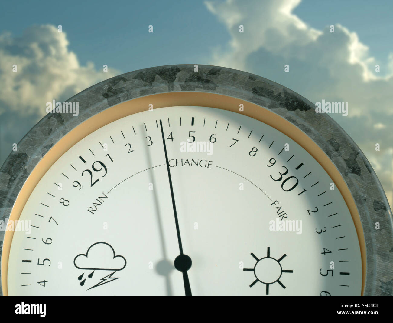 close up of a Weather Gauge showing barometric pressure Stock Photo - Alamy