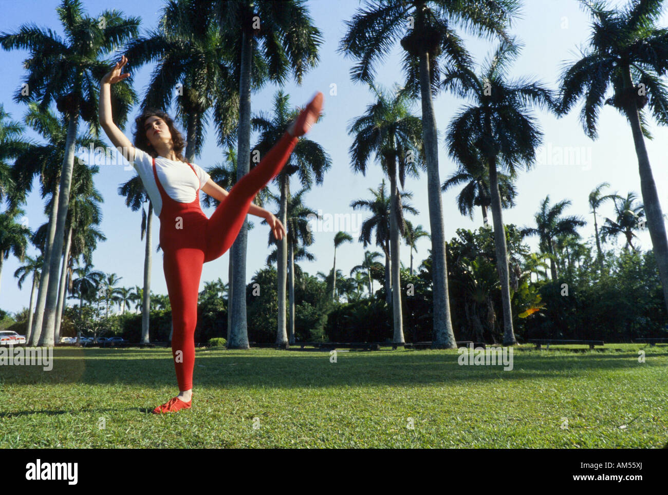 Woman exercising at beach park, South Beach, Miami Stock Photo