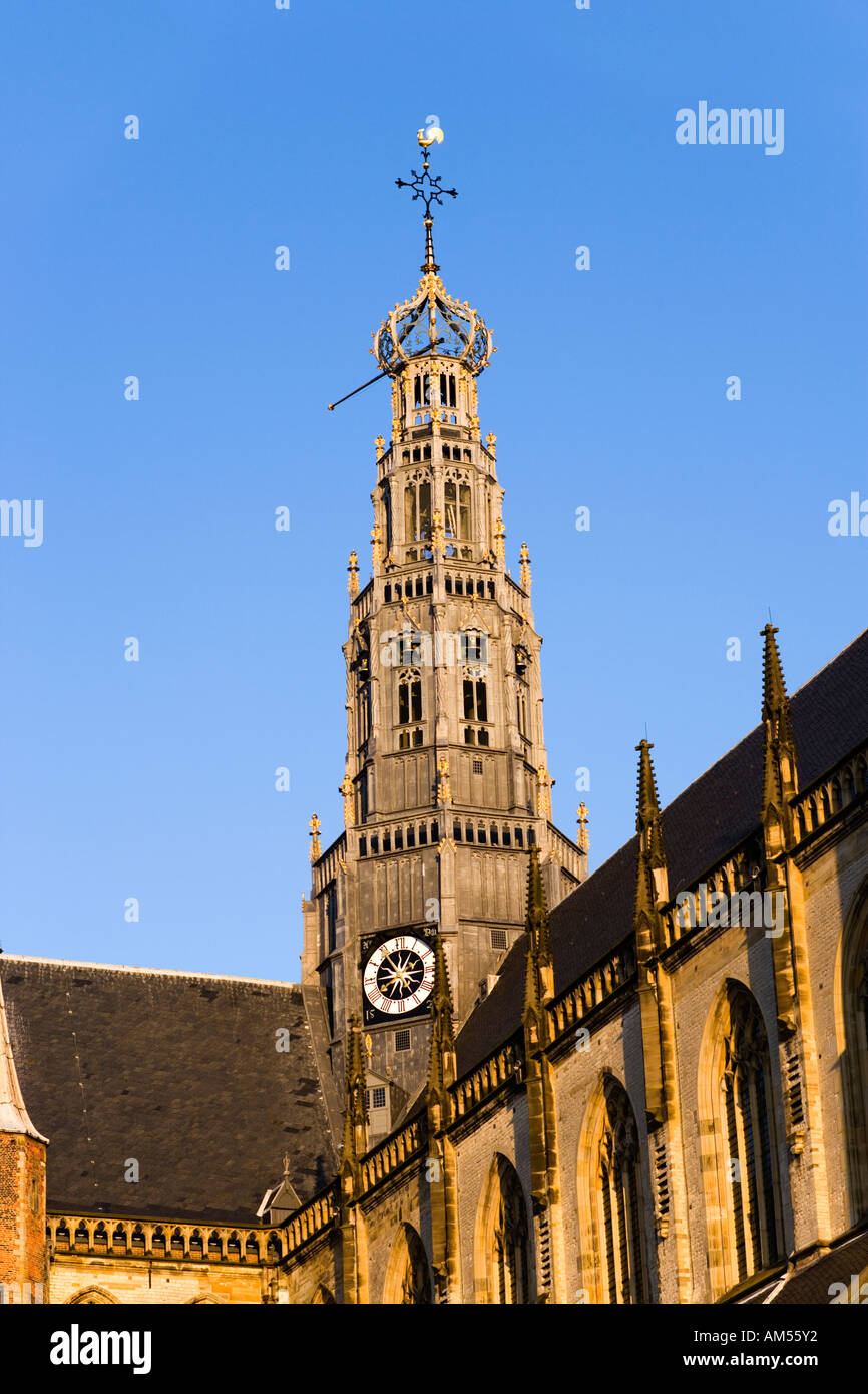 Clock tower of the gothic Grote or St Bavo Kerk Church former cathedral in Haarlem Holland; the Netherlands. Stock Photo