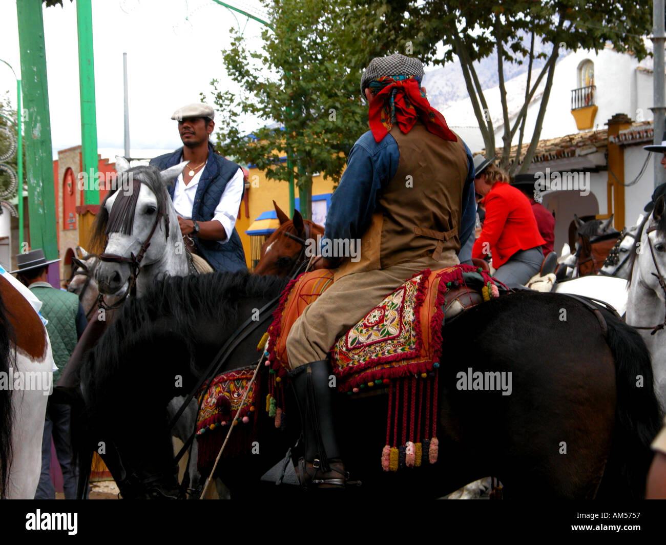 Spanish men in costume on horseback, at the Fuengirola Feria, Costa del