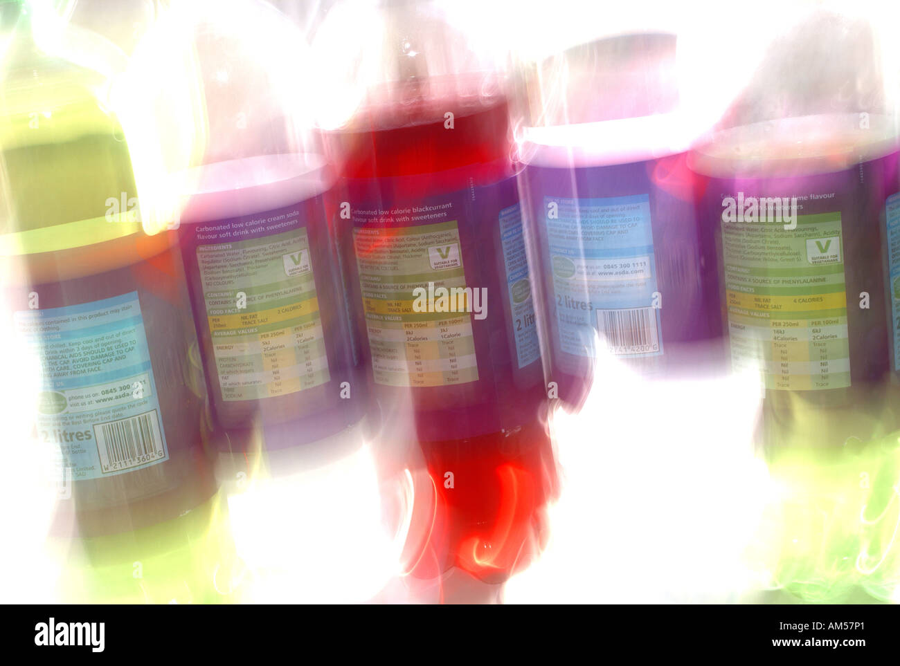 Bottles of carbonated fizzy drinks with nutrition labels and dietary