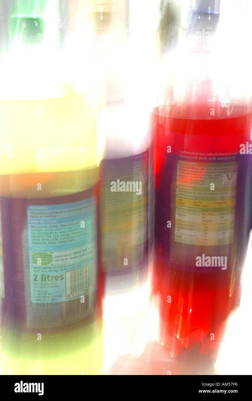 Bottles of carbonated fizzy drinks with nutrition labels and dietary