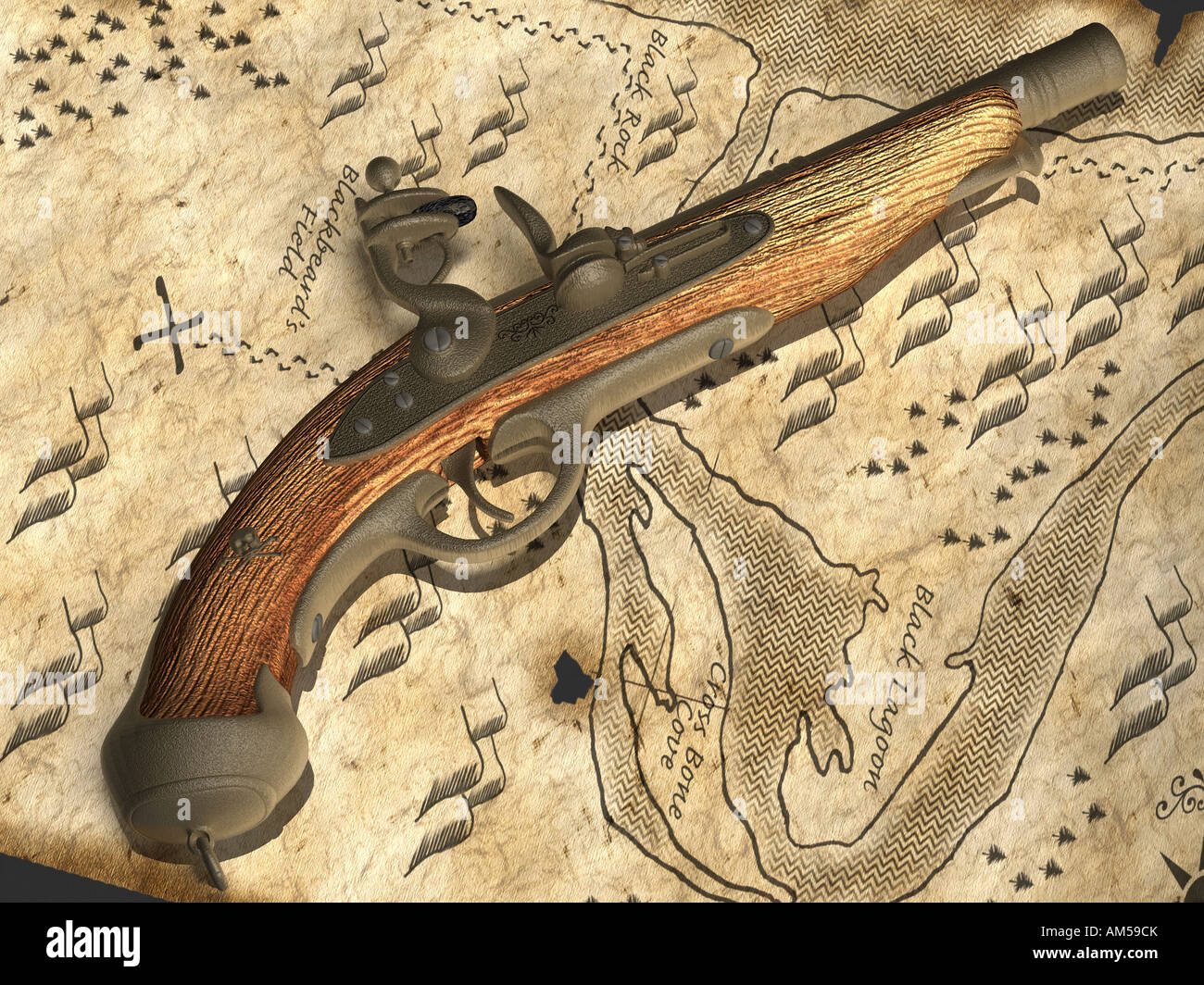 An old pirate flintlock pistol lays on a pirate treasure map. Stock Photo