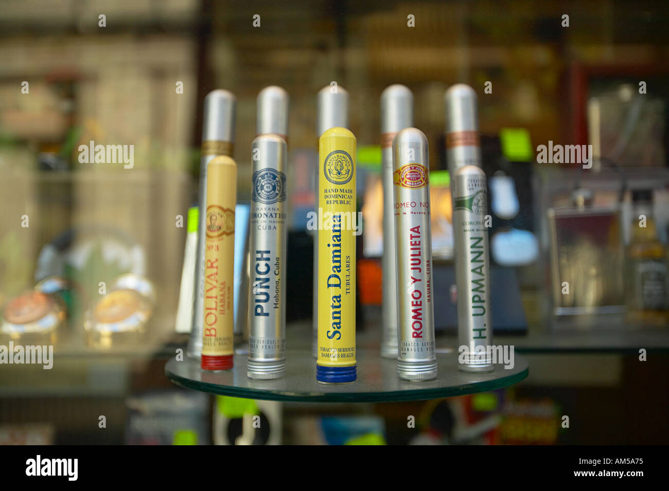 Display of Cuban cigars in city of London tobacconists window Stock
