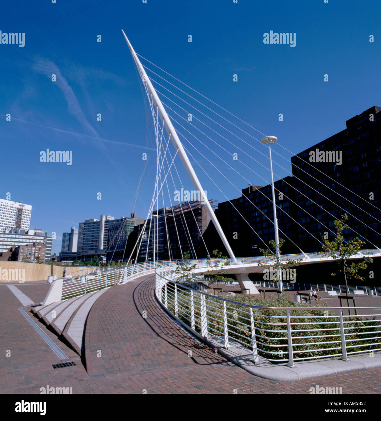 Inclinded strut of Trinity Bridge (Santiago Calatrava, 1996), over the River Irwell, central Manchester, England, UK. Stock Photo